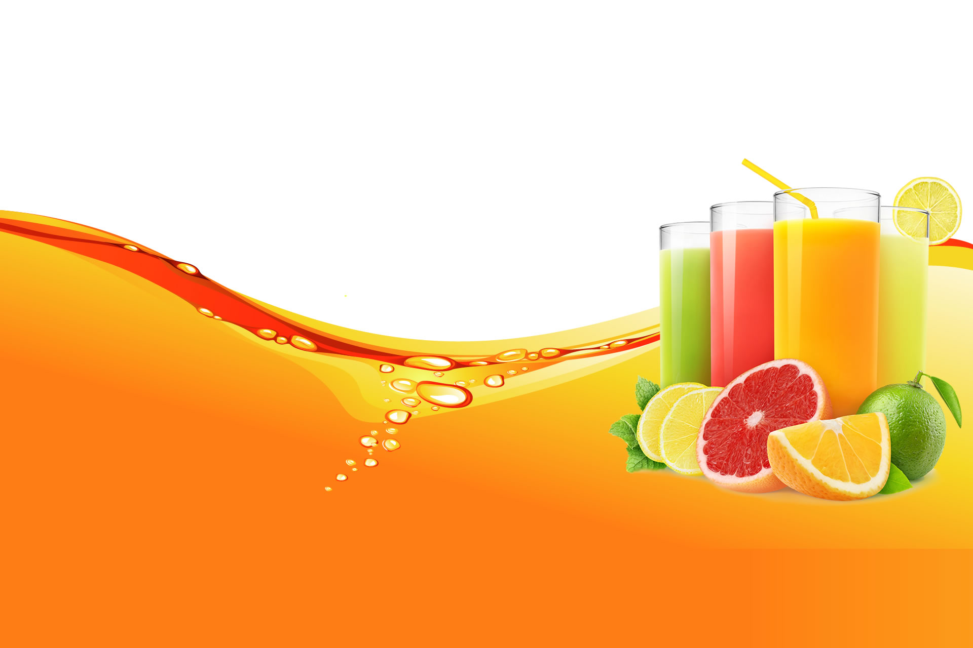 Copos de sucos coloridos e frutas cítricas